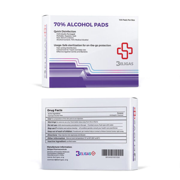Beligas 70% Alcohol Pads 100 Pads Per Box - Image 1